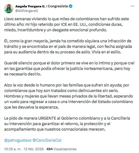 La funcionaria, Ángela Vergara, también expuso la situación por medio de su cuenta de X, allí dio un poco más detalles de la situación que esta travesando y lo que estaría ocurriendo con su hijo en territorio norteamericano - crédito @AMVergaraG/X