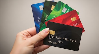 Primer plano de una mano sujetando cinco tarjetas de crédito de distintos colores (negro, rojo, verde y azul) con chips EMV dorados visibles.