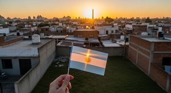 Una mano sostiene una bandera argentina en primer plano, con el sol naciente reflejado. Detrás, un paisaje urbano de casas bajas y techos de chapa y un obelisco difuminado.