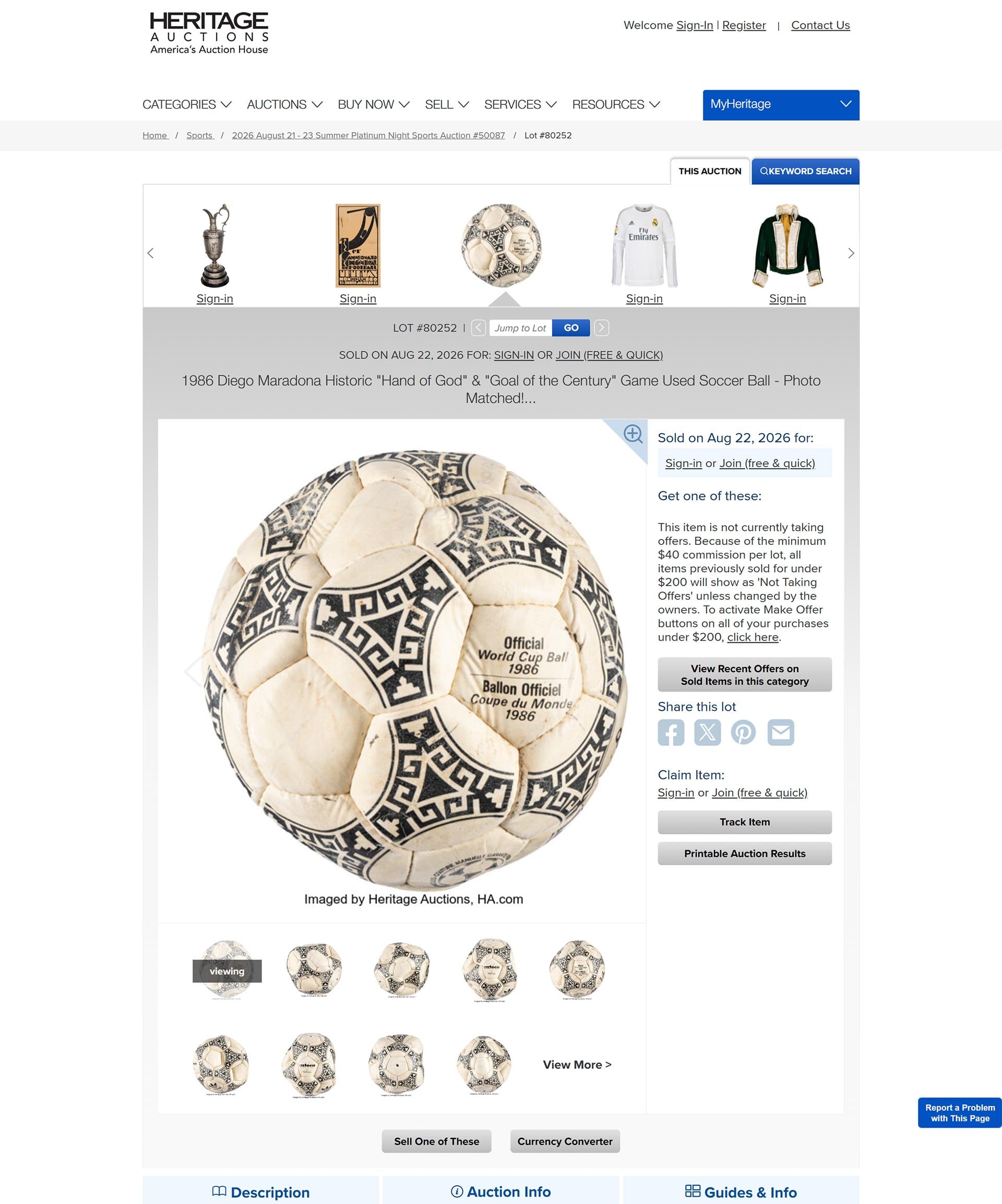 El sitio de subastas Heritage Auctions publicó el balón oficial de la Copa Mundial de 1986 utilizado por Diego Maradona. (Heritage Auctions)