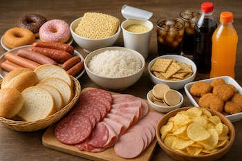 Panes, rosquillas, salchichas, embutidos, tazón de arroz, fideos instantáneos, galletas, papas fritas y refrescos servidos sobre una mesa.