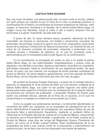 En la primera página de su escrito, la excolaboradora detalla el origen de su despido, la intermediación de Roberto Gil Zuarth y presuntos pagos en efectivo.