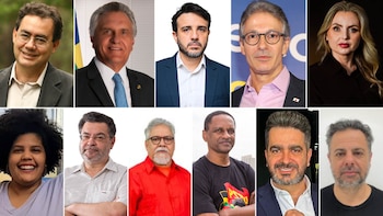 Mosaico con retratos fotográficos de once figuras políticas y aspirantes a cargos públicos en Brasil