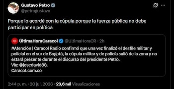 Gustavo Petro explicó en X que acordó con la cúpula militar y policial su salida para que la fuerza pública no participara en política durante el Día de la Independencia de Colombia - crédito @petrogustavo / X