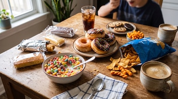 Mesa con un tazón de cereal multicolor, rosquillas glaseadas, galletas, frituras empaquetadas, pastelillos y café.