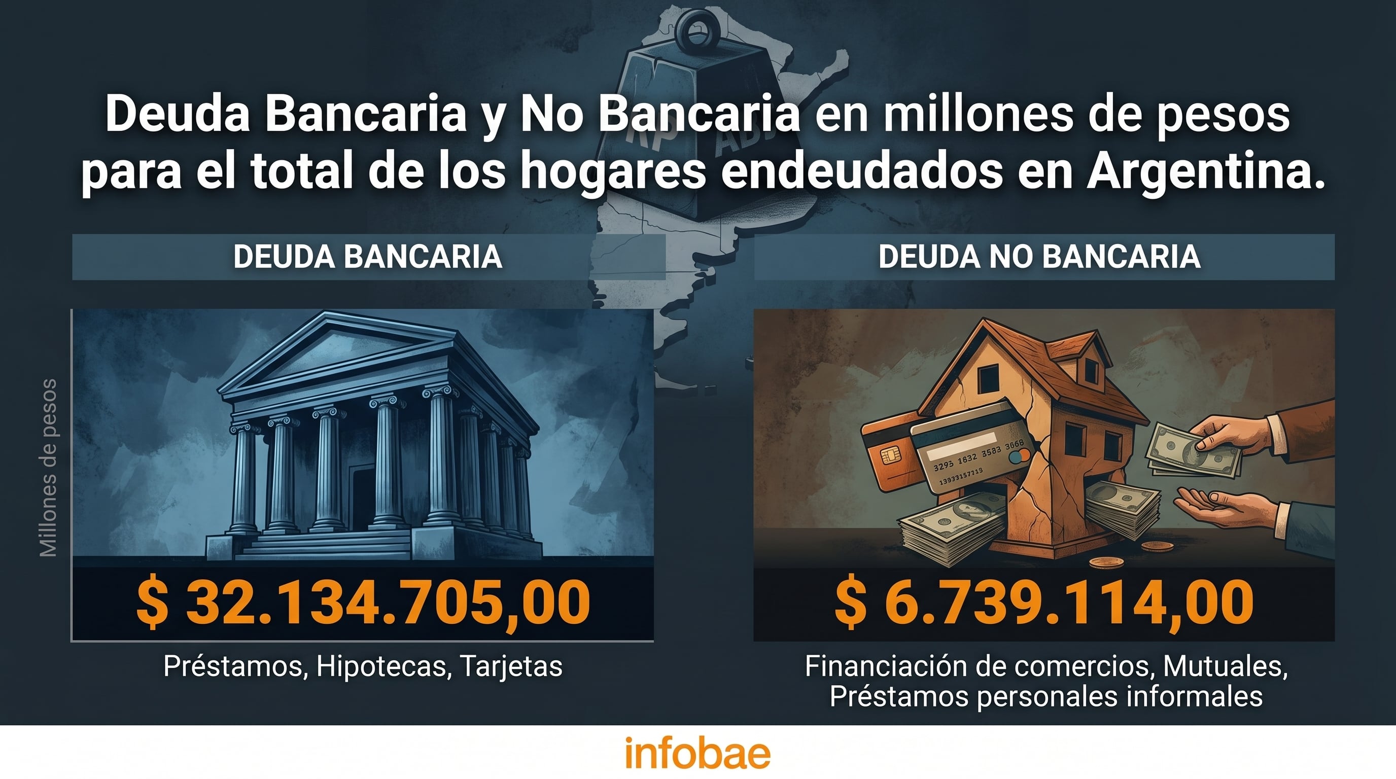 La deuda bancaria es de $32.134.705,00 y la no bancaria de $6.739.114,00 para los hogares argentinos endeudados (Imagen Ilustrativa Infobae)