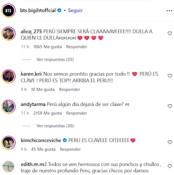 Captura de pantalla de una sección de comentarios en la red social Instagram dirigidos a la cuenta oficial de la agrupación BTS