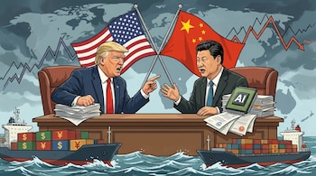 Ilustración de Donald Trump y Xi Jinping sentados frente a frente, con banderas de EEUU y China, barcos cargueros en el agua y un mapa mundi de fondo.