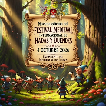 Un pergamino con texto informativo sobre un festival rodeado por pequeños duendes en un bosque con hongos rojos