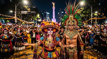 Una mujer con maquillaje de calavera y vestido tradicional junto a un hombre con penacho de plumas en una avenida iluminada de noche.