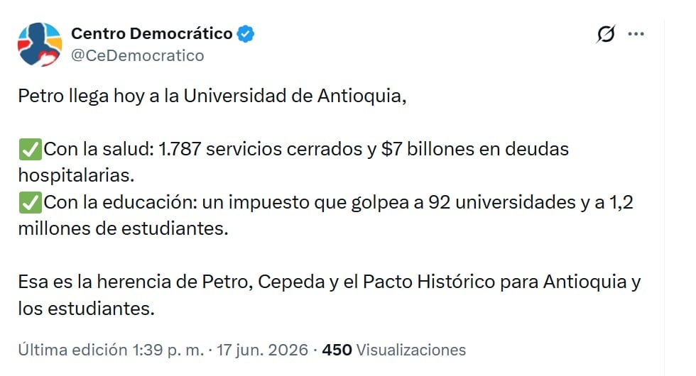 Centro Democrático prende el debate con duras cifras sobre la gestión de Petro - crédito @CeDemocratico/X