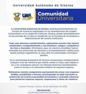 Matan a balazos a un estudiante de la UAS frente a Ciudad Universitaria en Culiacán: había sido reportado como desaparecido meses antes. RRSS