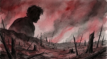Ilustración acuarela de un hombre con cabello rizado, de espaldas, observando un paisaje deforestado con árboles talados y un cielo rojizo y gris.