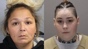 Dos retratos de ficha policial colocados lado a lado muestran de frente a dos personas sobre fondos neutros
