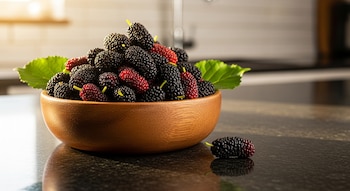 Un bowl de madera rebosante de moras negras y algunas rojas, con hojas verdes, sobre una mesada oscura en una cocina bien iluminada. Una mora suelta a un lado.