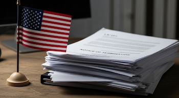 Una pila de documentos con "NOTICE OF TERMINATION" visible, sobre un escritorio de madera, y una pequeña bandera de Estados Unidos.