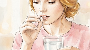 Ilustración acuarela de una mujer con cabello rubio recogido, sosteniendo una píldora blanca cerca de sus labios y un vaso de agua.