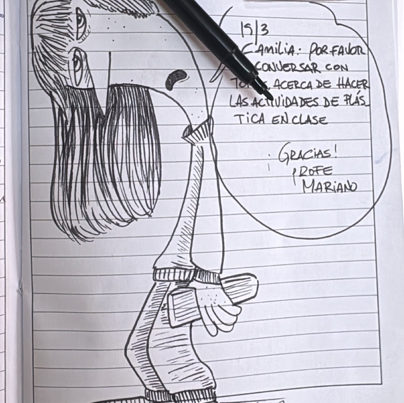 Los dibujos del profe Mariano no siempre son para felicitar a sus alumnos