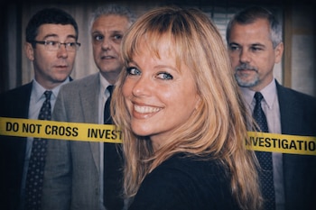 Una mujer rubia de ojos azules sonríe, en primer plano. Detrás, tres hombres borrosos de traje; una cinta amarilla dice "DO NOT CROSS INVESTIGATION".