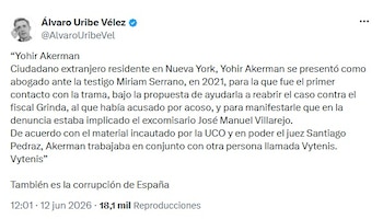 Álvaro Uribe volvió a referise al columnista Yohir Akerman y lo vinculó a un escandalo en España - crédito @AlvaroUribeVel/X