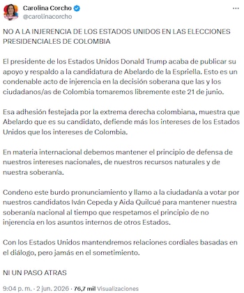Carolina Corcho cuestionó respaldo de Donald Trump a Abelardo de la Espriella - crédito @carolinacorcho/X