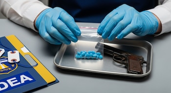 Manos enguantadas de azul sujetan una bolsa transparente con pastillas azules. En una bandeja de metal hay una pistola y un folder con el logo de la DEA.