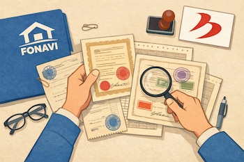 Ilustración vista desde arriba: manos inspeccionan documentos con sellos usando una lupa, junto a una carpeta azul con el logo FONAVI y el logo del Banco de la Nación. También se ven gafas y un sello.