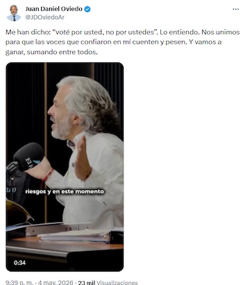 Juan Daniel Oviedo prometió “una plataforma donde las voces cuenten y pesen” - crédito @JDOviedoAr/X