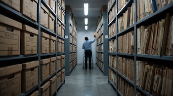 Pasillo de archivo con estantes metálicos llenos de cajas de cartón y carpetas, con un hombre al fondo organizando expedientes.