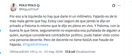 Miguel Polo Polo criticó a Sergio Fajardo y aseguró que es mala gente - crédito @MiguelPoloP/X