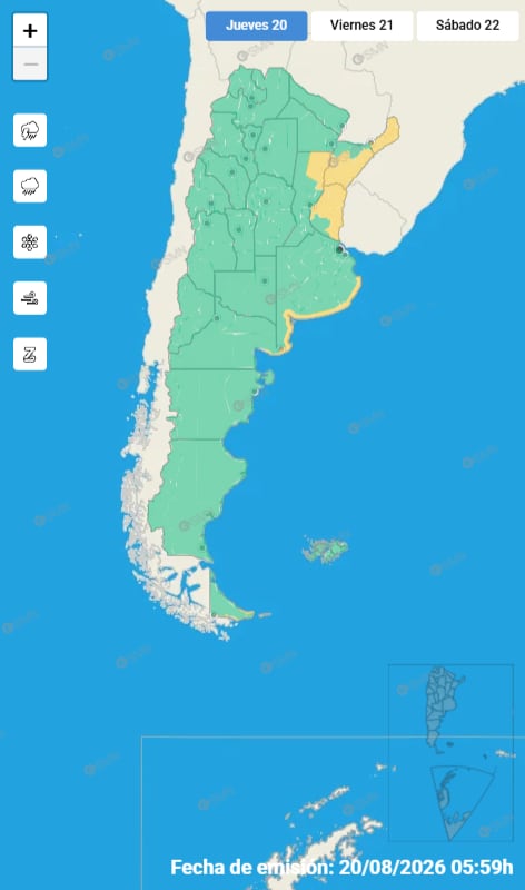 Las alertas amarillas por lluvias al norte, fuertes vientos en Buenos Aires y nevadas al sur