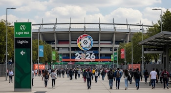 Explanada del Estadio Ciudad de México con personas caminando. Señalética verde de Tren Ligero en primer plano y gran logo del Mundial 2026 en la fachada del estadio.