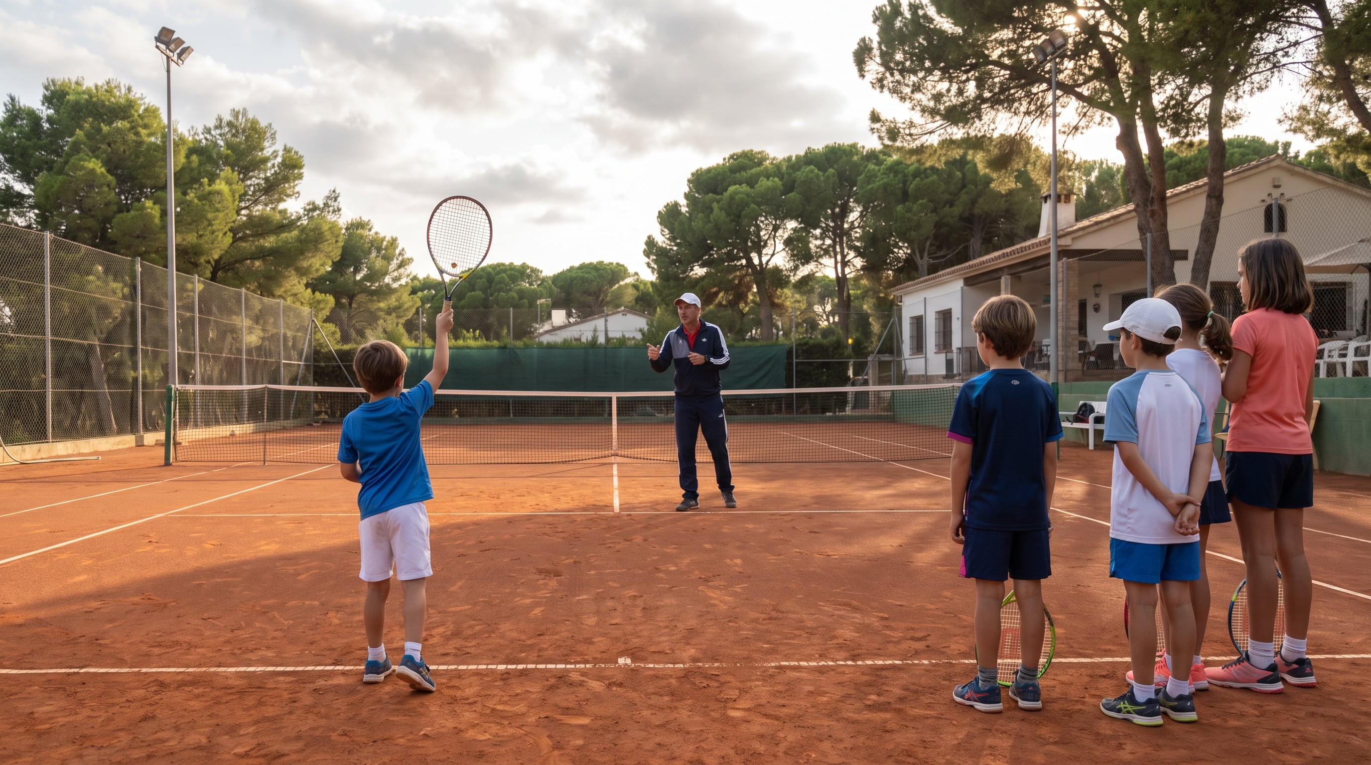 Un entrenador da instrucciones a un alumno que realiza un saque durante una clase de tenis infantil en una pista de tierra batida en España (Imagen Ilustrativa Infobae)