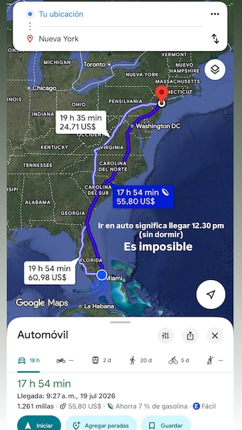 El influencer descartó viajar en auto de Miami a Nueva York, un trayecto de casi 1.300 kilómetros y entre 18 y 20 horas de viaje