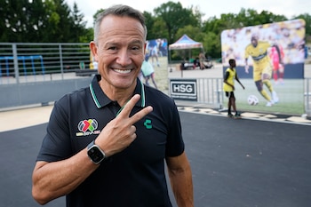 Jul 24, 2024; Columbus, Ohio, USA; Liga MX legend Luis ÒEl MatadorÓ Hernandez attends the MLS All-Star Community Day Presented by BODYARMOR Sports Drink at Northgate Intermediate School. Mandatory Credit: Adam Cairns-USA TODAY Sports