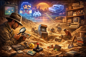 Un hombre examina un mando con lupa; varios trabajadores desentierran videojuegos, consolas, una máquina arcade, un joystick, Pac-Man y computadoras retro.
