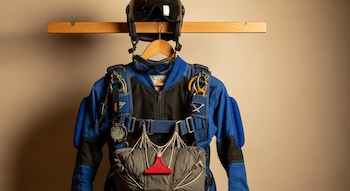 Un traje de paracaidista azul y negro cuelga de una percha de madera. Incluye casco oscuro, gafas, arnés, paracaídas plegado y altímetro digital.
