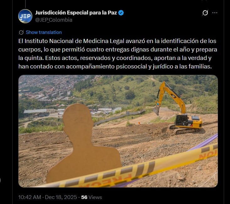 La Jurisdicción Especial para la Paz informó en su comunicado que “el Instituto Nacional de Medicina Legal avanzó en la identificación de los cuerpos, lo que permitió cuatro entregas dignas durante el año y prepara la quinta” - Crédito @JEP_Colombia