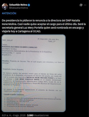 La carta de renuncia de Natalia Irene Molina hace parte de los documentos del proyecto de decreto revelado por el periodista Sebastián Nohra - crédito Sebastián Nohra/X
