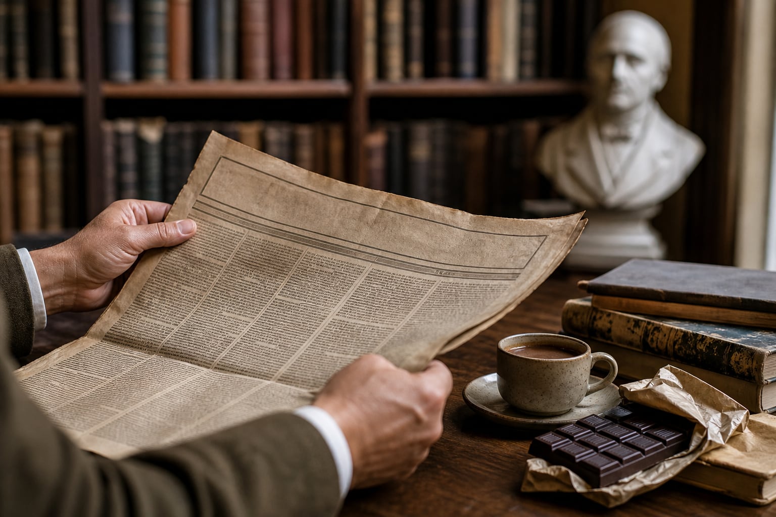 Un lector examina un periódico histórico en una biblioteca de Lima junto a un busto de Hipólito Unanue y libros de archivo. (Imagen Ilustrativa Infobae)