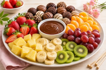 Plato con fresas, piña, plátano, kiwi, uvas, gajos de mandarina, bombones de chocolate y un cuenco central con salsa de chocolate.