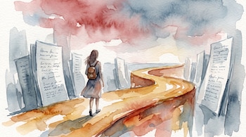 Ilustración en acuarela de una mujer de espaldas caminando por un camino sinuoso, flanqueado por muros con texto ilegible. Cielo con nubes rojizas y azules.