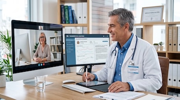Un médico en su escritorio observa dos monitores con una videollamada de una paciente y un expediente médico digital.
