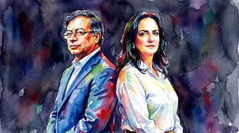 Ilustración de acuarela de un hombre con gafas y una mujer con cabello oscuro, ambos de espaldas sobre un fondo oscuro con toques de color.