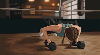 Ilustración de una mujer con trenzas haciendo flexiones con dos mancuernas en un gimnasio con suelo de madera y cuerdas de boxeo al fondo.