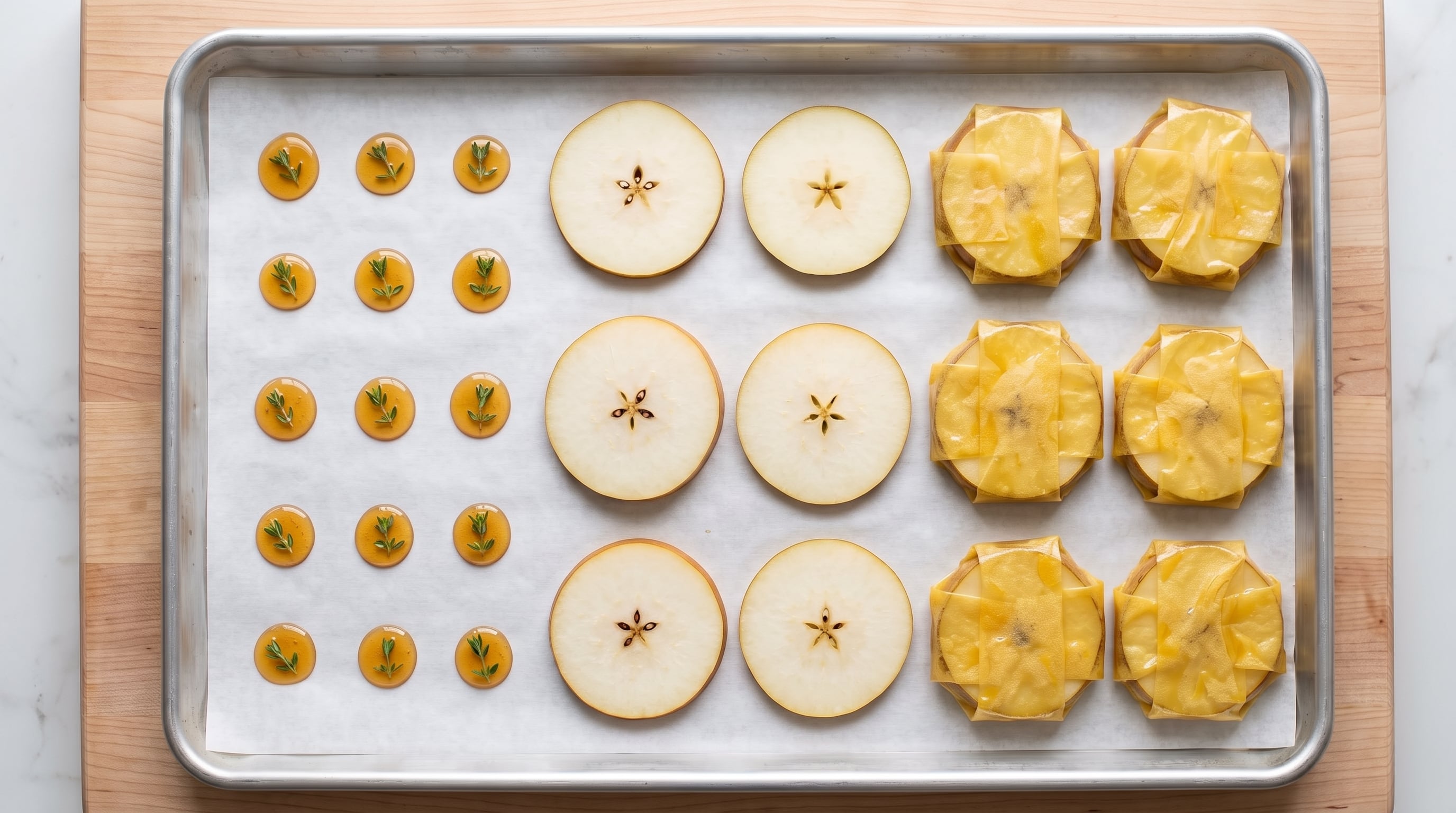 Una bandeja de hornear reúne gotas de miel con hojas de tomillo, rodajas de pera fresca y tartaletas cubiertas con tiras de masa. (Imagen Ilustrativa Infobae)