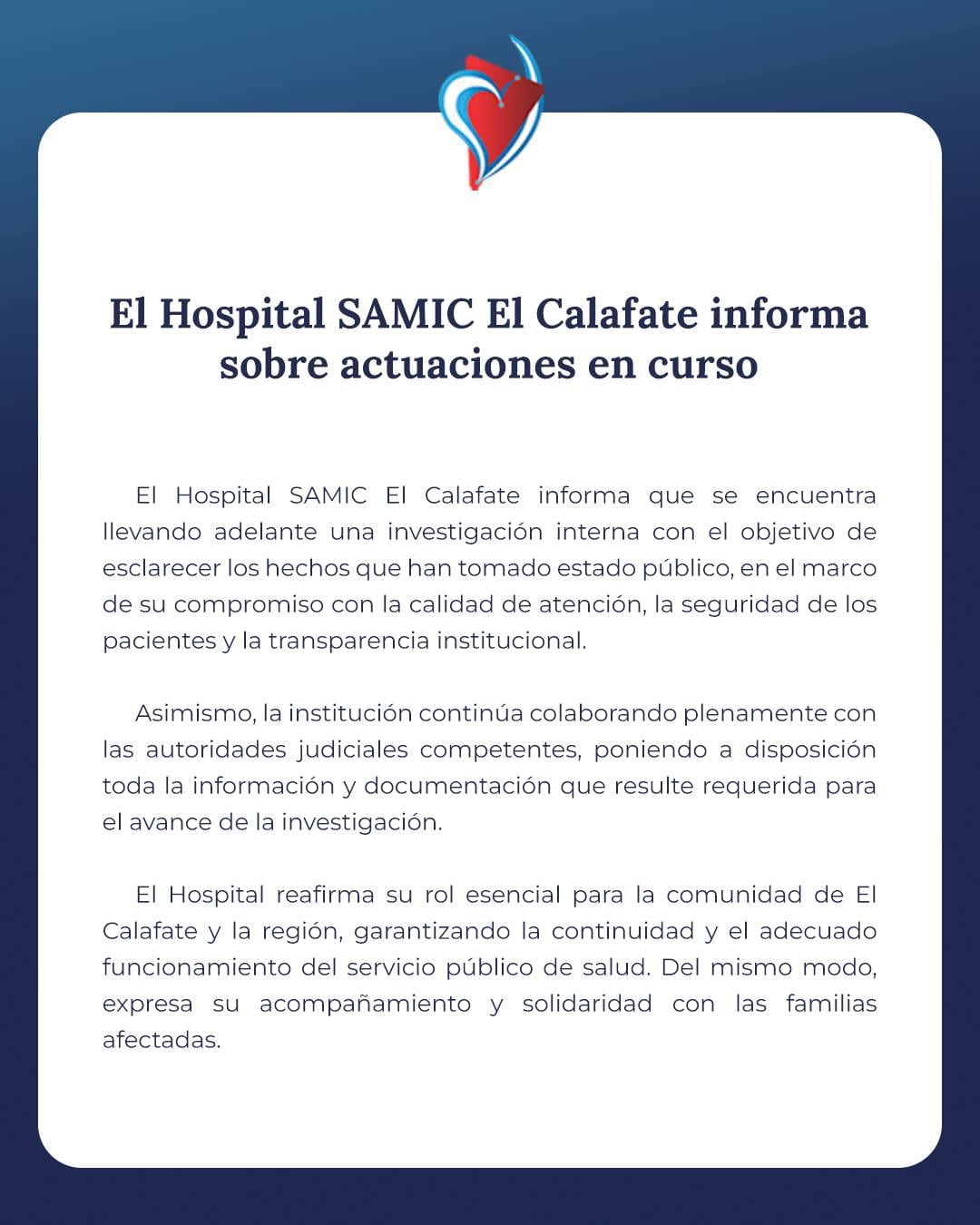 El comunicado emitido por el Hospital SAMIC de El Calafate