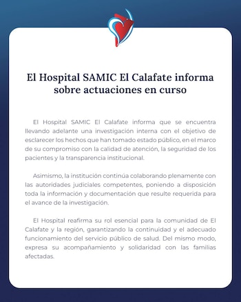 El comunicado emitido por el Hospital SAMIC de El Calafate