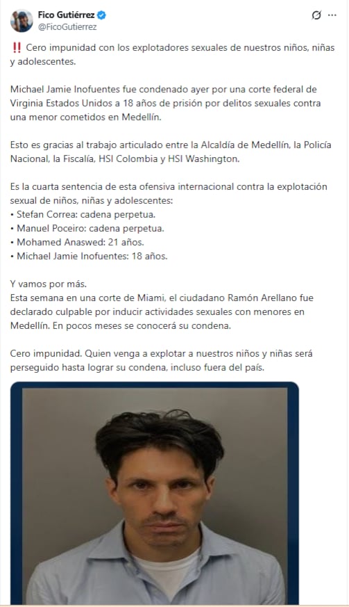 El alcalde celebró la condena de 18 años del criminal estadounidense - crédito @FicoGutierrez/X