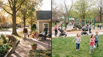 Imagen dividida. Izquierda: Ancianos en un barrio residencial, uno jardineando, otros paseando y conversando. Derecha: Familias con niños jugando en un parque con juegos infantiles.